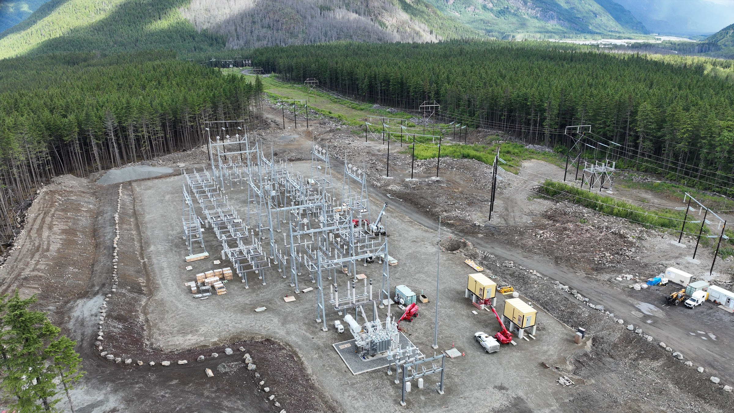 Aerial view of the Eskay Creek substation under construction in mountainous terrain